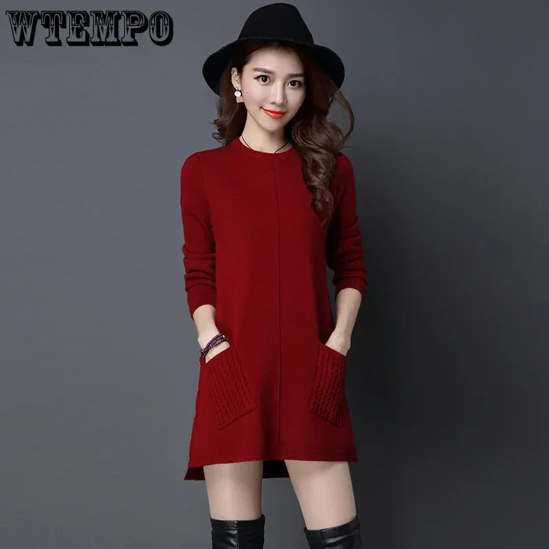 WTEMPO Autumn Winter Sweater Women's Solid Color Loose Pullover Tops Long-Sleeved Pocket Knit Sweaters Dress Pull Femme