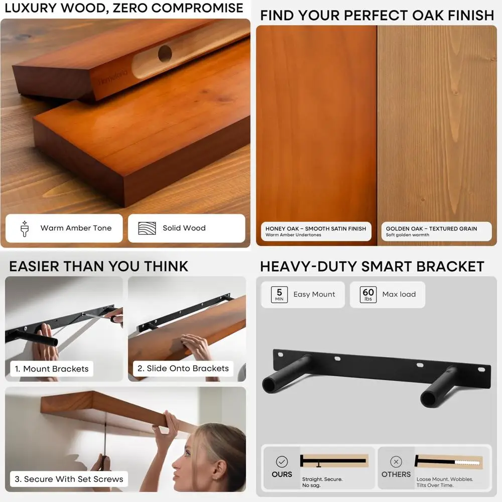 

Set of 3 High-End 16 Solid Oak Wall Shelves with Honey Finish and Heavy-Duty Brackets