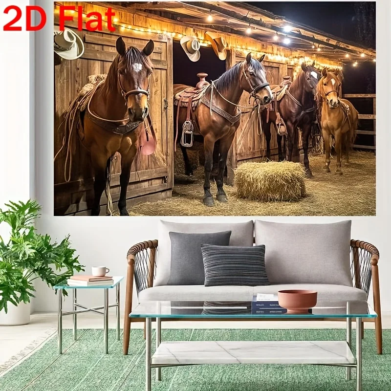 Tapiz de Caballeriza con Temática del Oeste, Animales de Granja, Pacas de Heno, Estilo Rústico Vaquero, Decoración de Pared para Sala de Estar