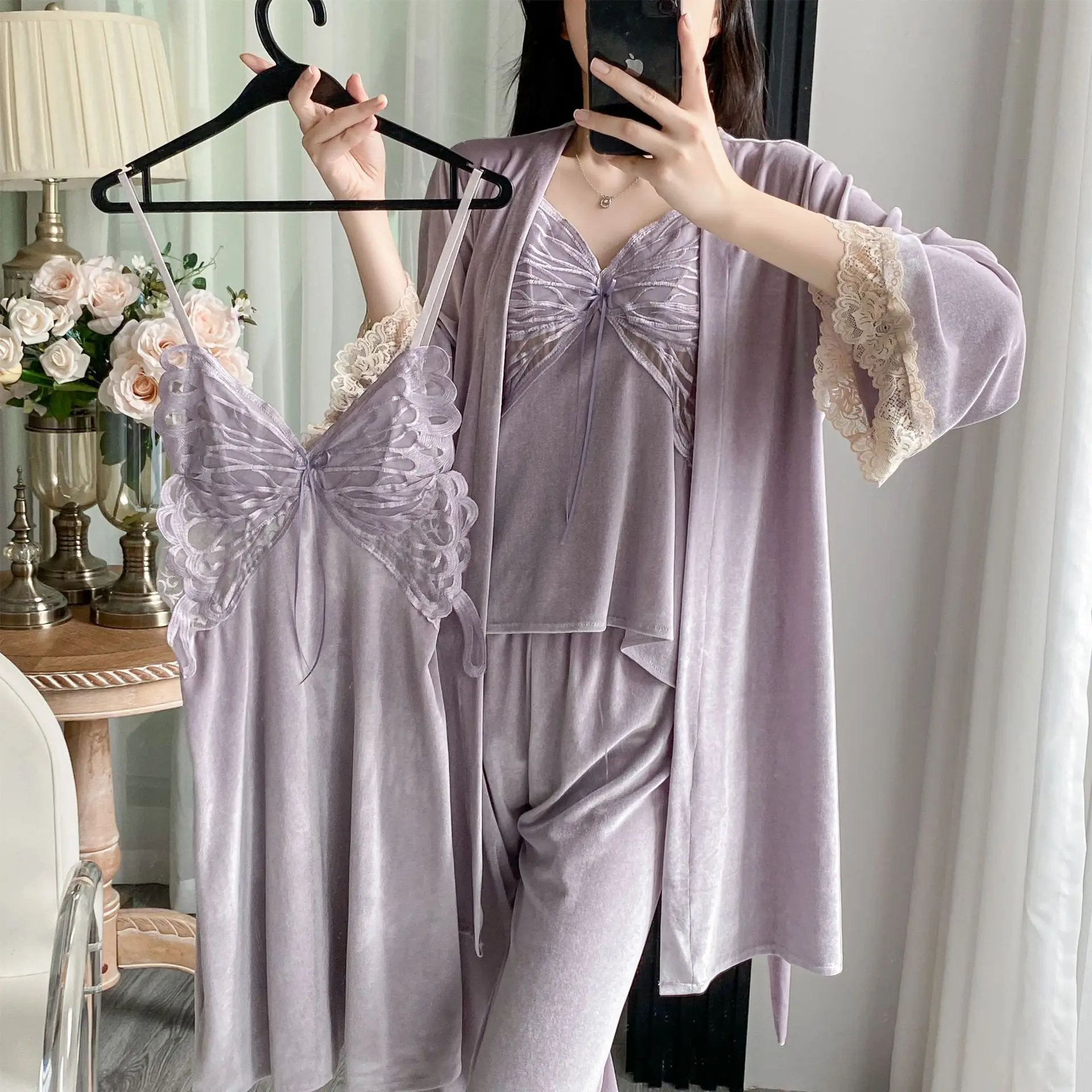 Lady Pajamas Suit Nighty&Robe Set Sexy Velvet Sleepwear Intimate Lingerie 2024 Autumn New Kimono Gown Homewear Nightgown