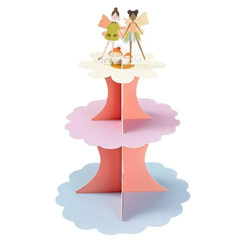 Pastel Woodland Fairy Mushroom Cupcake Stand for Girls Birthday Party Decorations 3 Layer Solid Paper Cake Stand Party Supplies