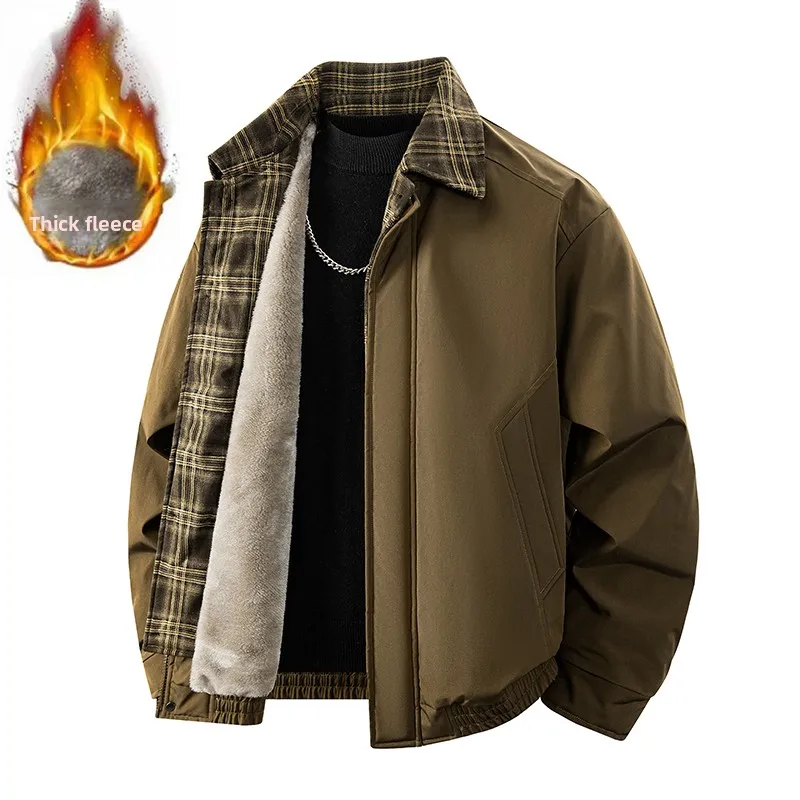 

Новинка 2025, мужская куртка больших размеров из двух предметов, утолщенный воротник с лацканами на плюшевой подкладке, свободное весеннее теплое пальто в американском стиле