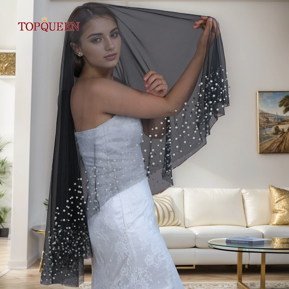 TOPQUEEN New Pearl Bridal Veil Black Tulle Bridal Wedding Accessory Mantilla Española Encaje Negro Black Veil Brides V228