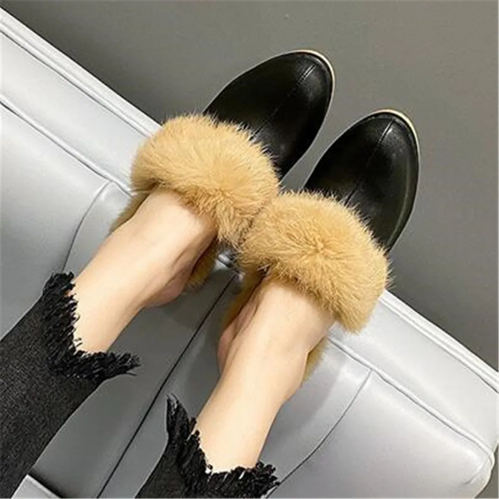 2024 New Lady Mules Closed Toe Fashion 10 CM High Heel Slippers Woman Winter Warm Fur Clogs Casual Sandals Black Shoes Eu 34-40