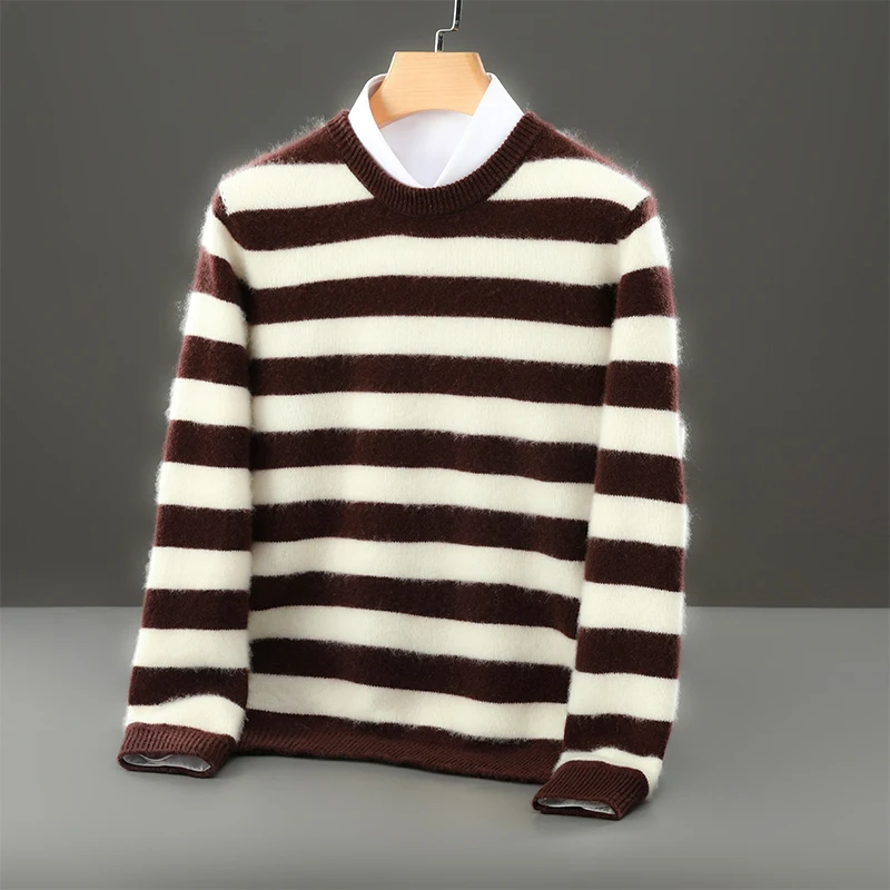 

MVLYFLRT Men's 100% Merino Wool Round Neck Striped Pullover Sweater Knitted Warm Thick Autumn Winter Clothing