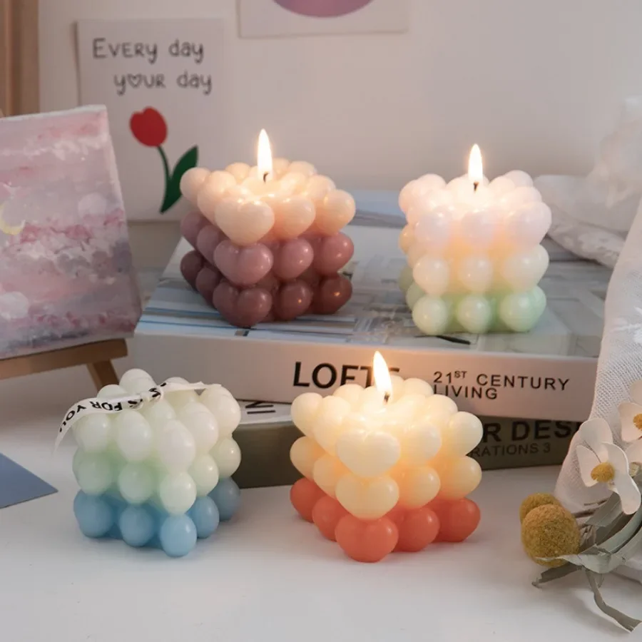 1pc Ins style Gradient Love Bubble Cube Candle Handmade Scented Candle Aromatherapy Soy Wax Candle Wedding Party Home Decoration