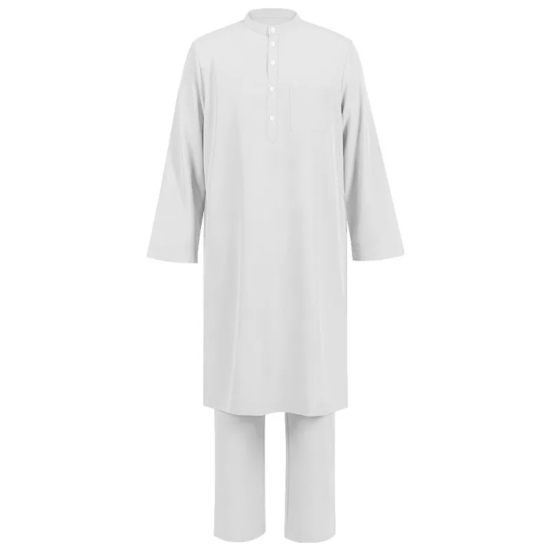 新しいイスラム教徒立ち襟ローブメンズ中東エスニックスタイル無地長袖ローブスーツ 2 点セット