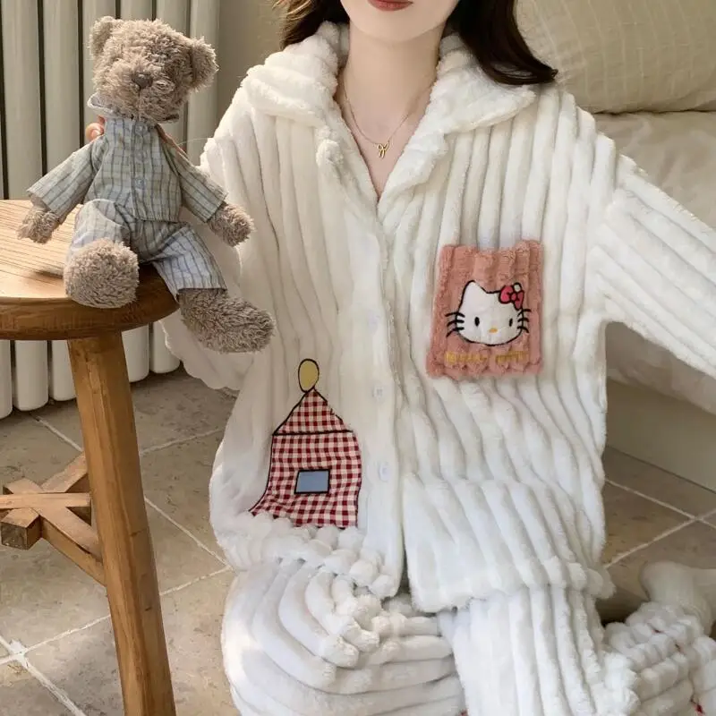

Sanrio Hello Kitty, милые пижамы, женские осенне-зимние пижамные комплекты из кораллового флиса и бархата, утепленный фланелевой костюм для отдыха