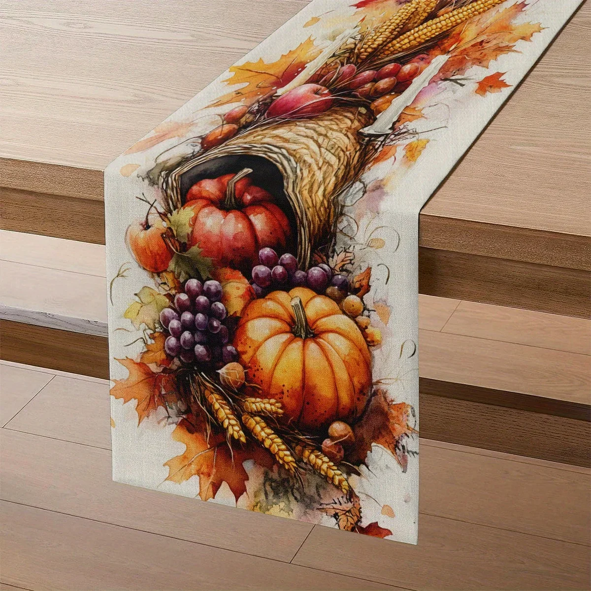 1 Piece of Autumn Harvest Table Runner, Watercolor Painted Pumpkin, Fruit and Vegetable, Grain Ear, Suitable for Restaurant, Hom