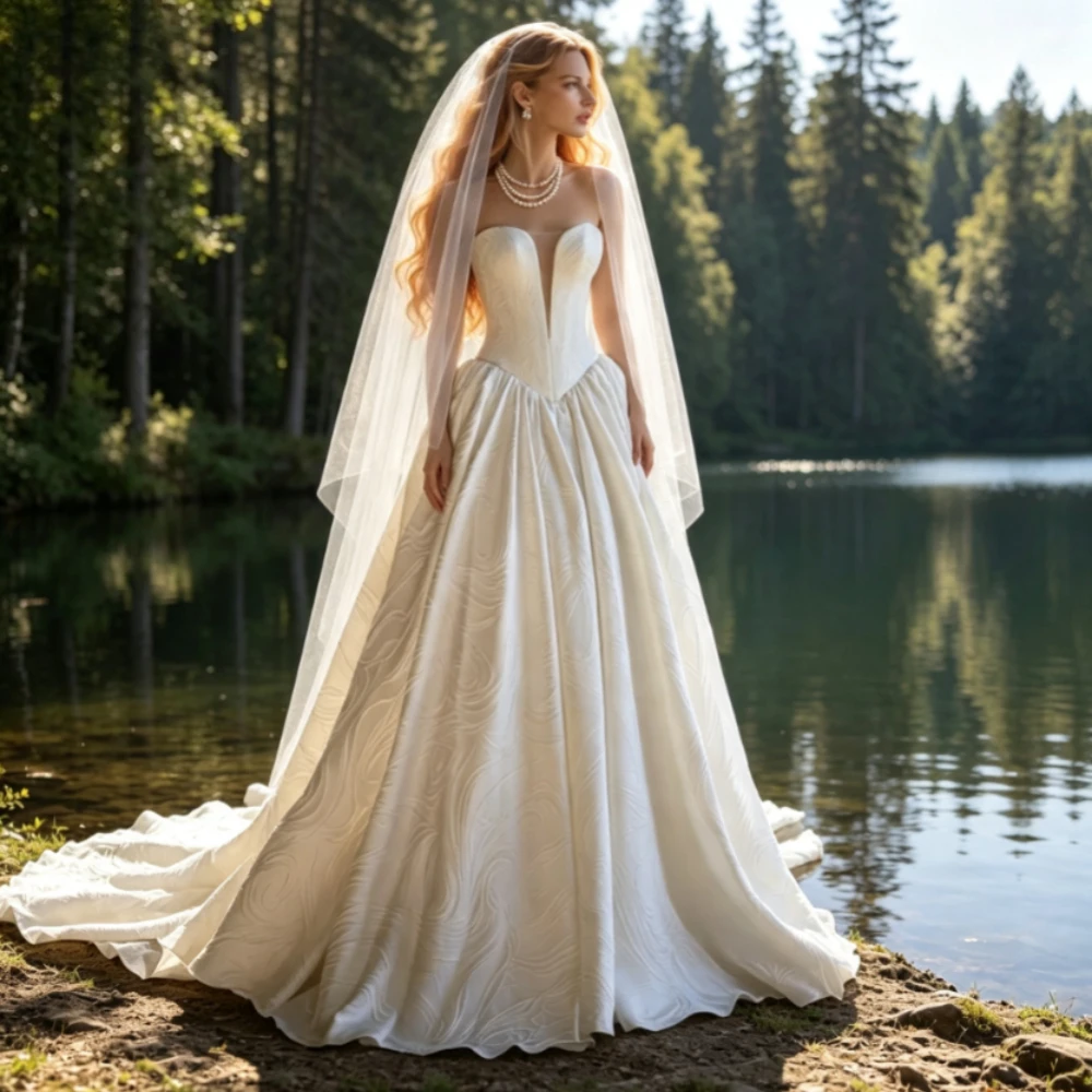 Customized Temperament Gorgeous Strapless Ball Gown Wedding Dresses Textured Fabric Deep V Neck Corset Top Train Bridal Gown