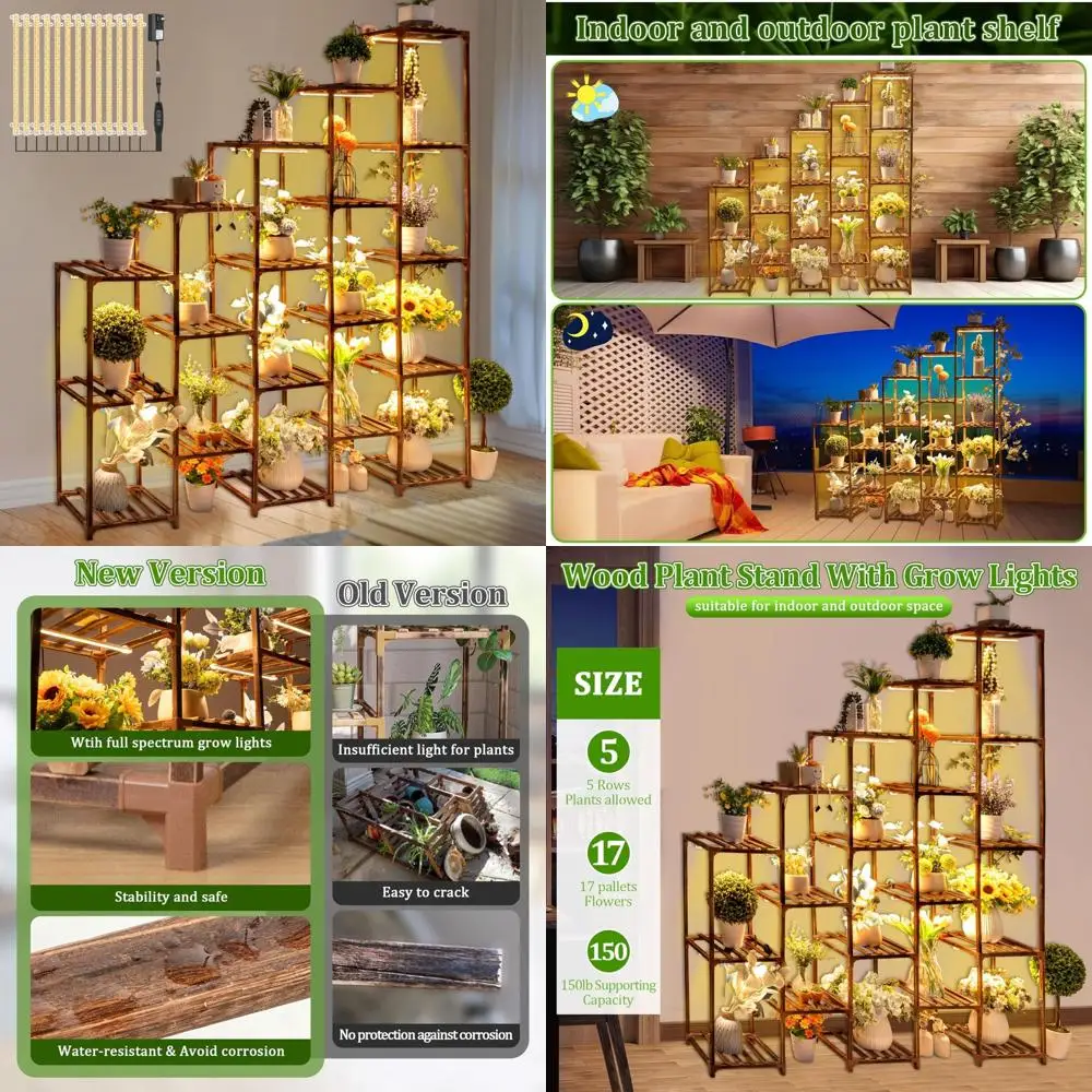 

Wooden Multi-Layer Plant Stand with Full Spectrum Grow Lights for Indoor Corner