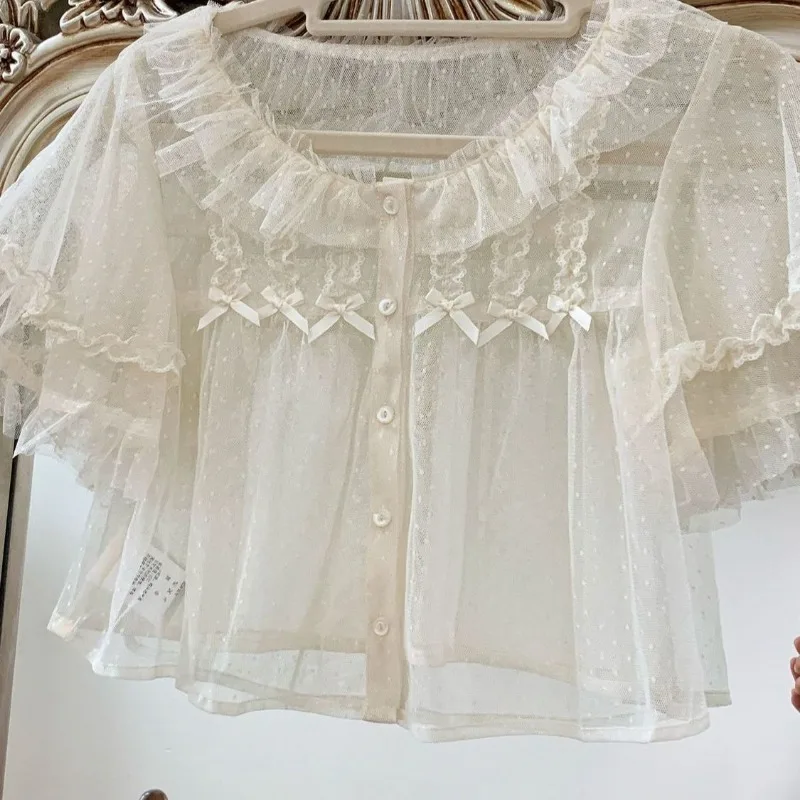 

Lolita Interior Exterior Lace Short Sleeves Cardigan Short Tops Cute Shawl Goth Jacket Clothes Ruffle Shirt Streetwear Design