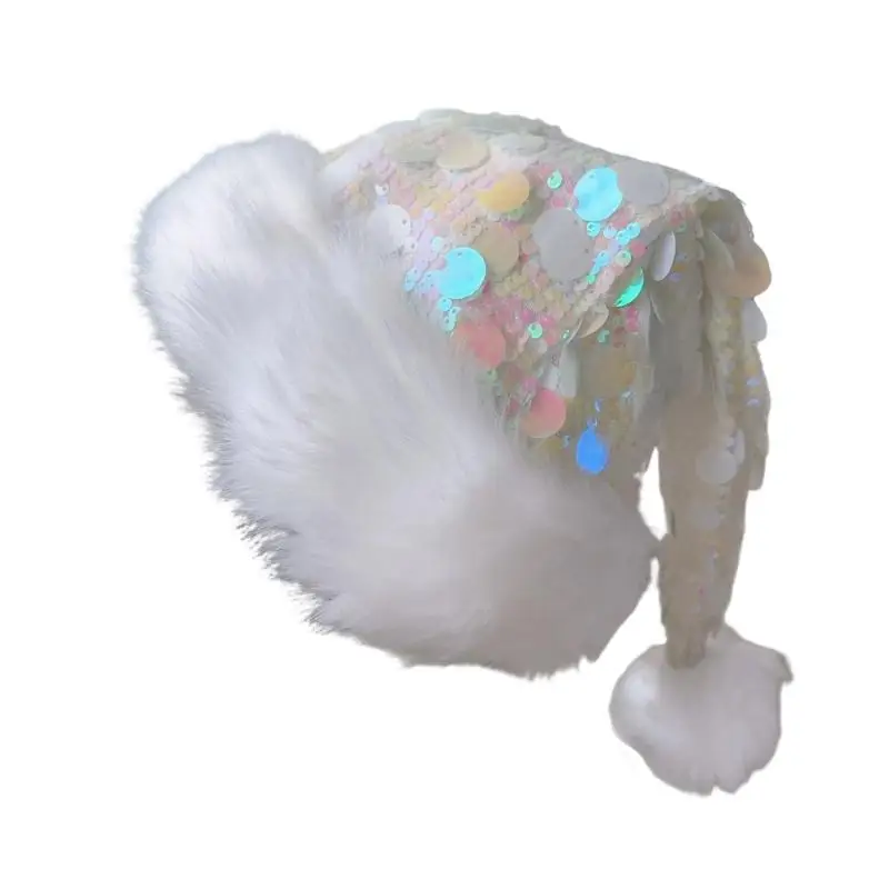 39bd Erwachsene Pailletten Santa Hats Plüsch Weihnachtskappe Glitter Weihnachtskappe für Frauen