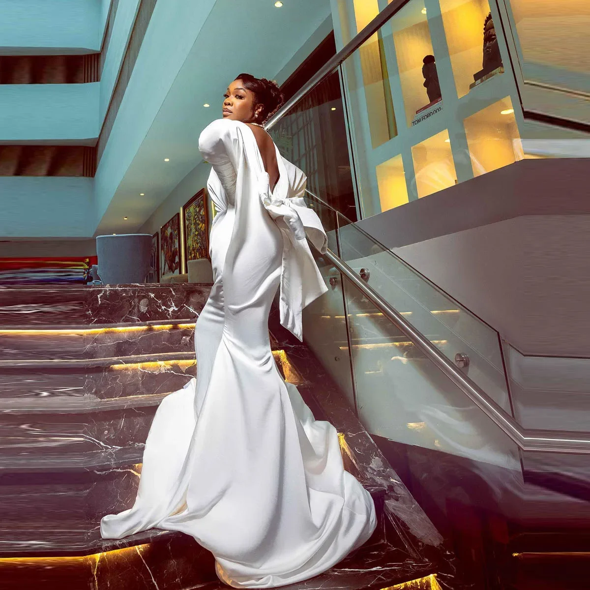 Abito da ballo taglie forti con maniche lunghe con fiocco grande Abiti da sera formali da donna africani Abiti da sera sexy a sirena con retro