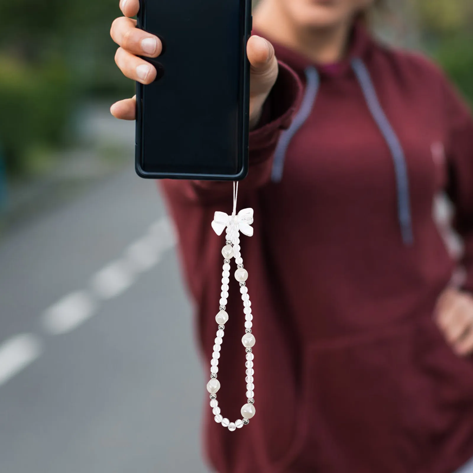 Dragonne de téléphone perlée avec nœud et imitation perle, élégante, pour téléphone portable et appareil photo