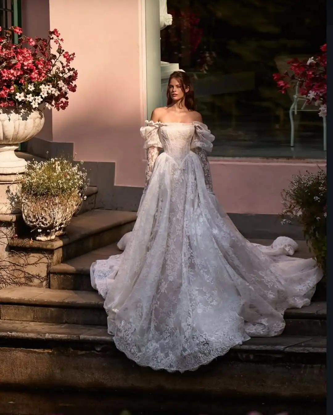 Off Shoulder Lace Wedding Dresses Elegant Puff Sleeve Ruffles Bridal Ball  Gown Romantic Formal Party Vestido De Noiva Customized - AliExpress 320