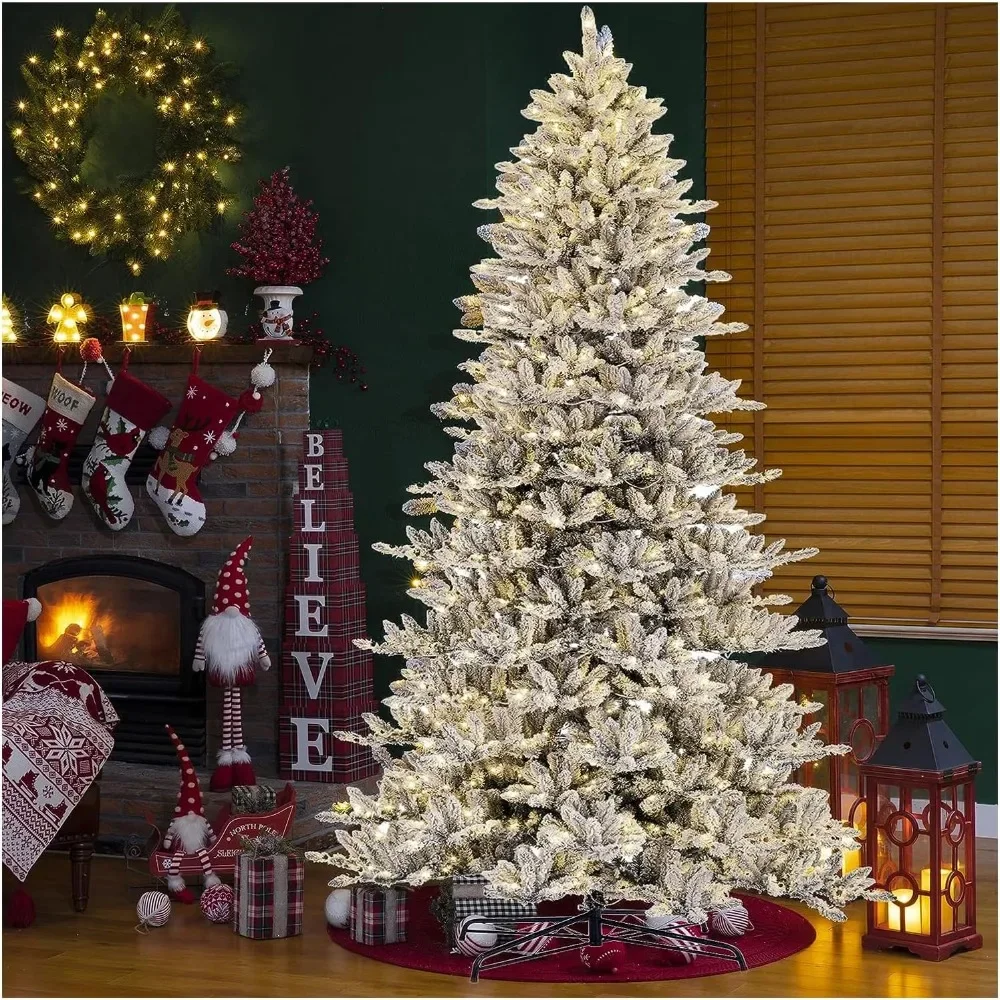 

11ft Pre-Lit Flocked Slim Fir Christmas Tree, Hinged Holiday Xmas Tree with 950 Warm White Lights, Metal Hinges & Base