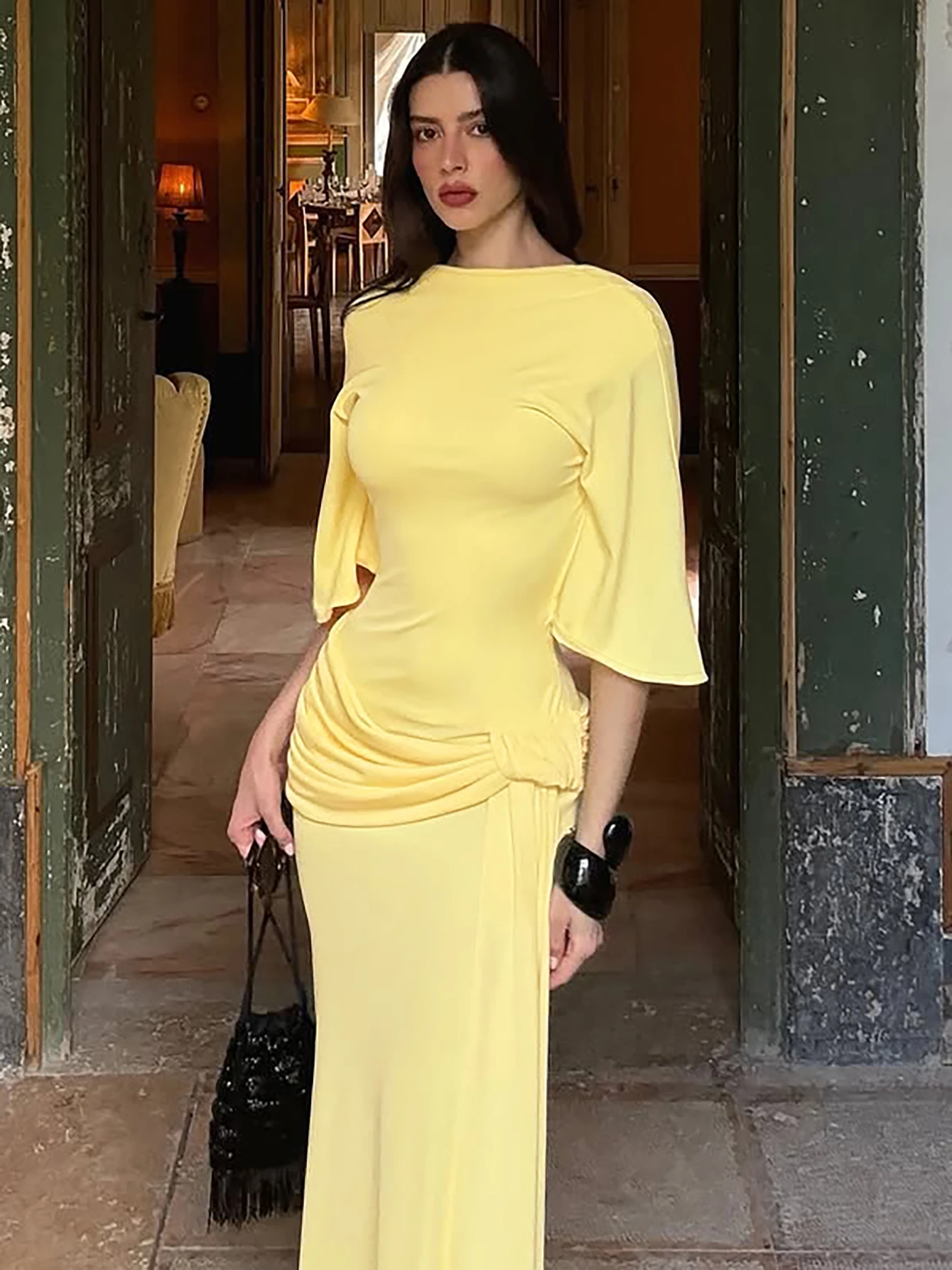Hugcitar Damen-Maxikleid, elegant, einfarbig, kurzärmelig, rückenfrei, gerüscht, sexy, mit Schlitz, Sommerkleidung für Damen, Geburtstagsfeier, Festival