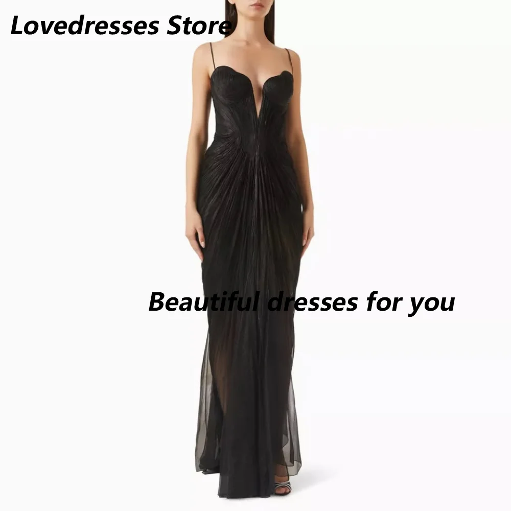 Customized Black Metallic Tulle Mother Of The Bride Gown Spaghetti Strap Deep V Ruched Lace Up Back Sheer Mermaid Floor Dress