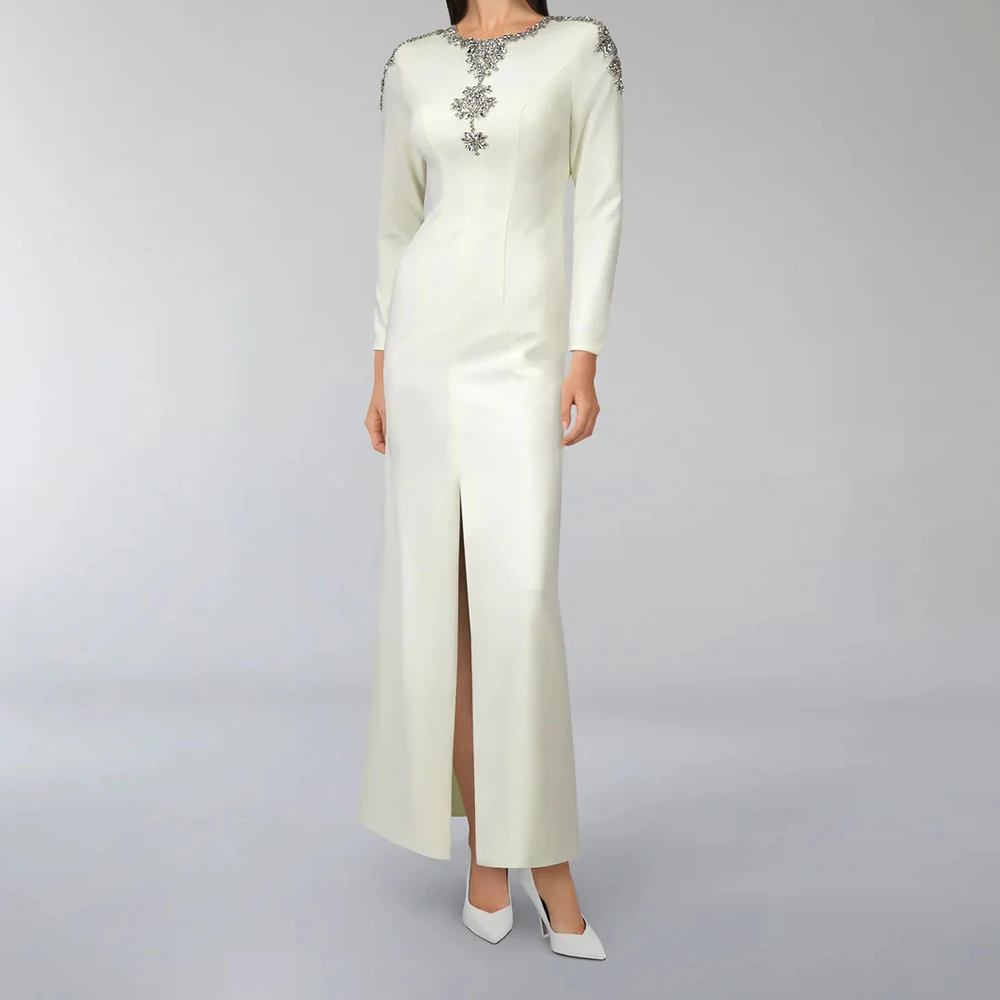 

Women's Straight Evening Dresses Ankle-length O-neck Full Sleeve Prom Gown Fashion Crystal Side-split Exquisite Customized Gowns