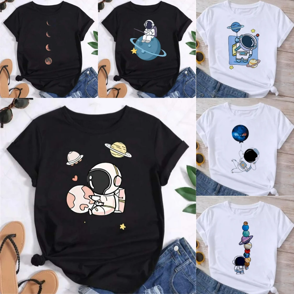 Fashion T Shirt Women Moon Planet Print Fashion Tee Shirts Casual Round Neck Short Sleeve Streetwear Female T-Shirt Vintage Tops