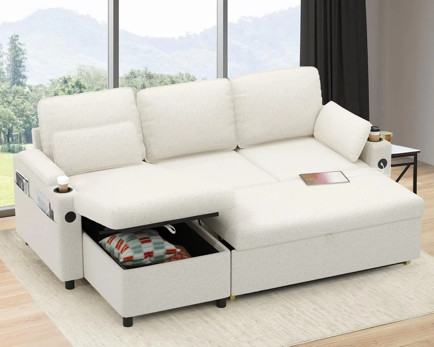 Sofa Bed Sleeper Pull Out 2 in 1 Sectional Sleeper Sofa Couches with Storage,USB, Cup Holder,Pullout Sectional Couches for Apart