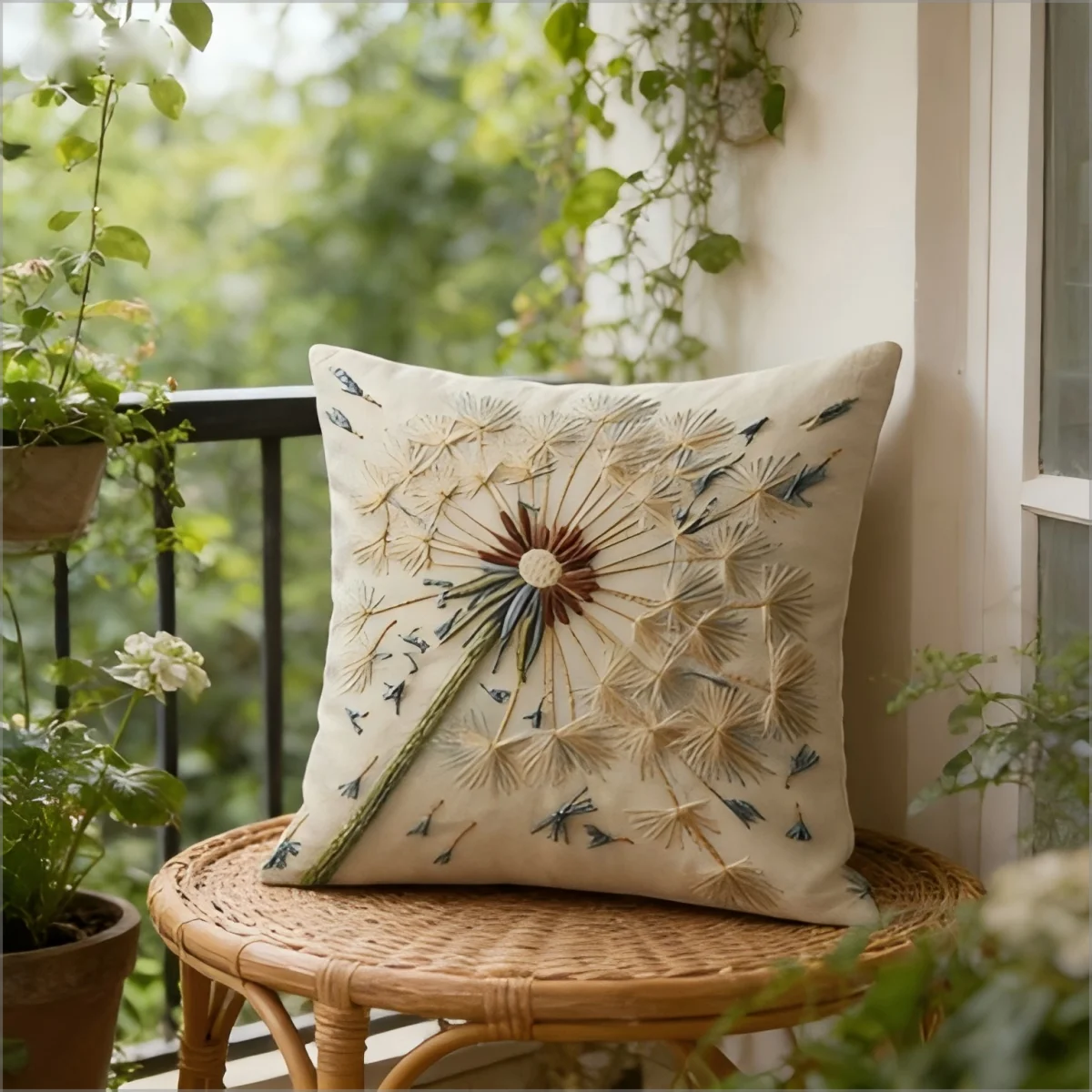 Boho Löwenzahn Kissenbezug mit Kunststickerei, Verspieltes Botanisches Kissenhülle für Sofa, Bett, Couch, Naturliebhaber Wohndekor