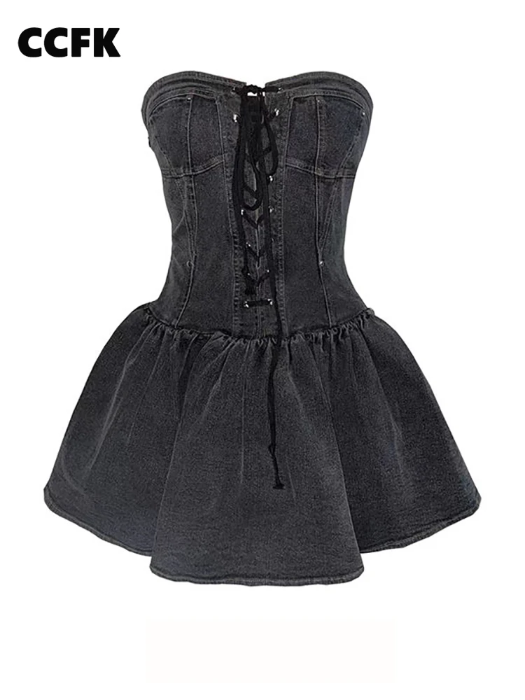 Grunge Y2K Aesthetic Denim Dress Women Vintage Strapless Lace Up Vestidos Egirl Black Sexy Gothic Bodycon Mini Dress Emo Dress