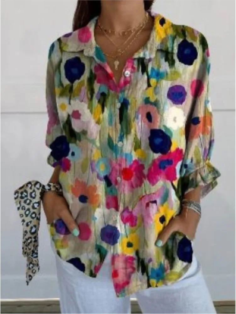 

Fashion Print Shirt Top For Women Casual V Neck Long Sleeve Button Shirts Tops Lady Boho Holiday Womens Clothing Spring New 2025