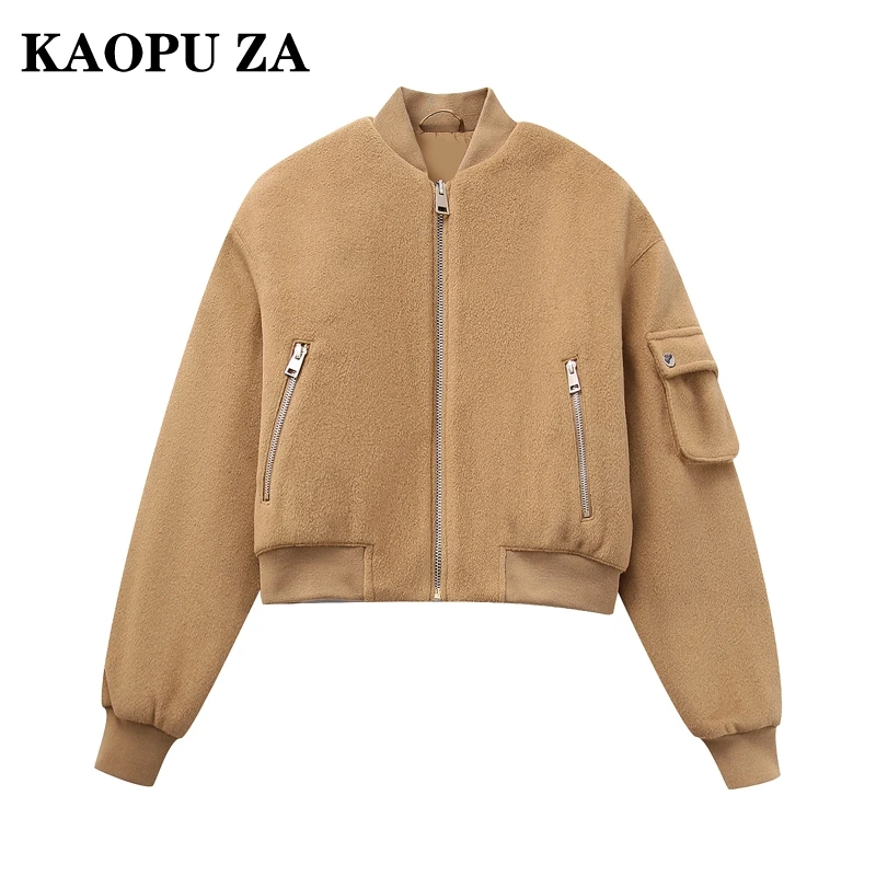 KAOPU ZA 2024 New Autumn/Winter Woman's Casual zipper Pockets Jacket Top Female Vintage V-Collar Solid Color Long Sleeve Coat