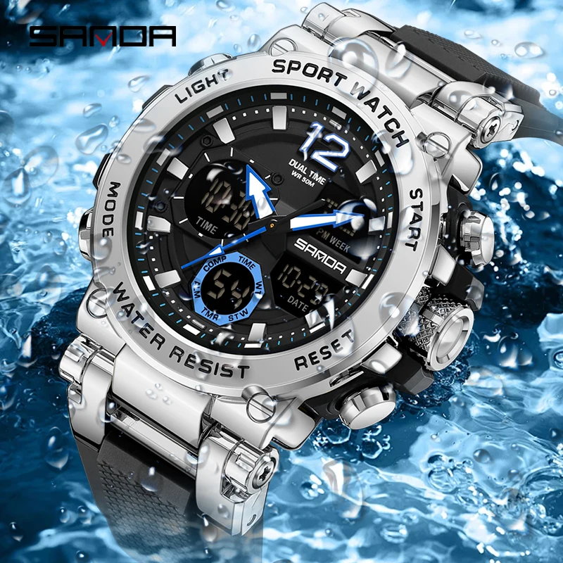 Fashion Sanda 6178 Top Brand New Men\'s Big Dail Sport Quartz Electronic Cool Multi Functional Waterproof Steel Band Watches