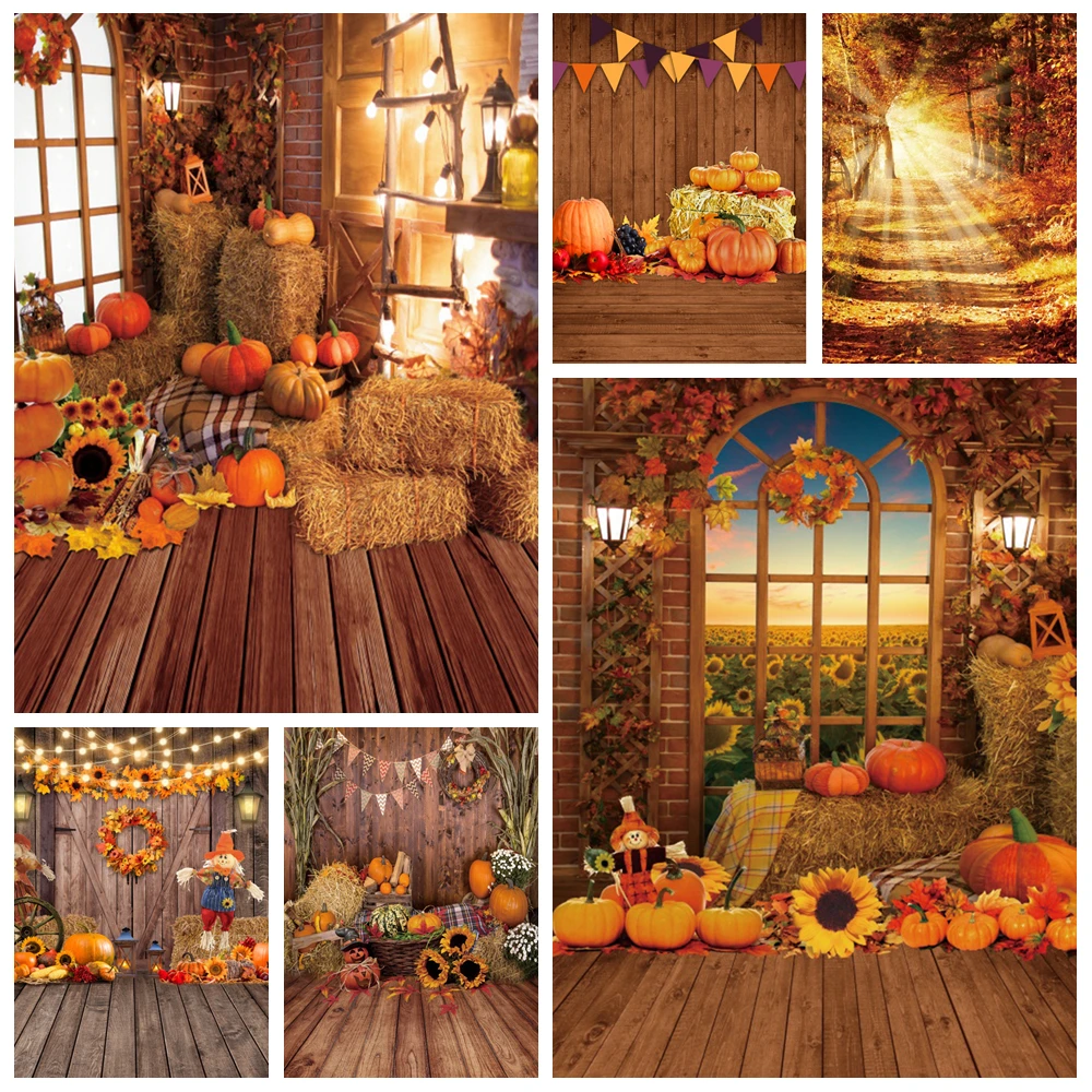 

Autumn Forest Farm Barn Photography Backdrop Pumpkins Fall Maple Leaves Haystack Wood Floor Baby Portrait Photo Background Decor