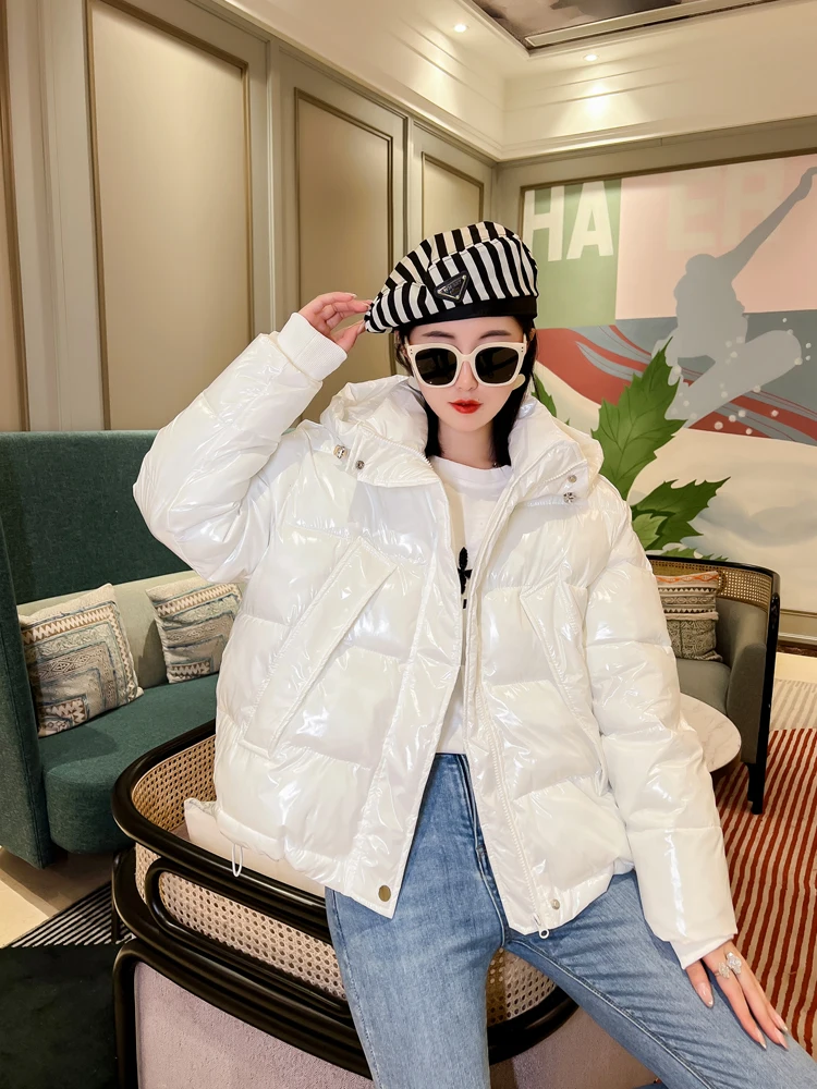 Candy Colors Hooded Glossy Cotton-padded Coat Women Short Warm Parkas 2023 Winter Casual Long Sleeve Cotton-clothes Outerwear