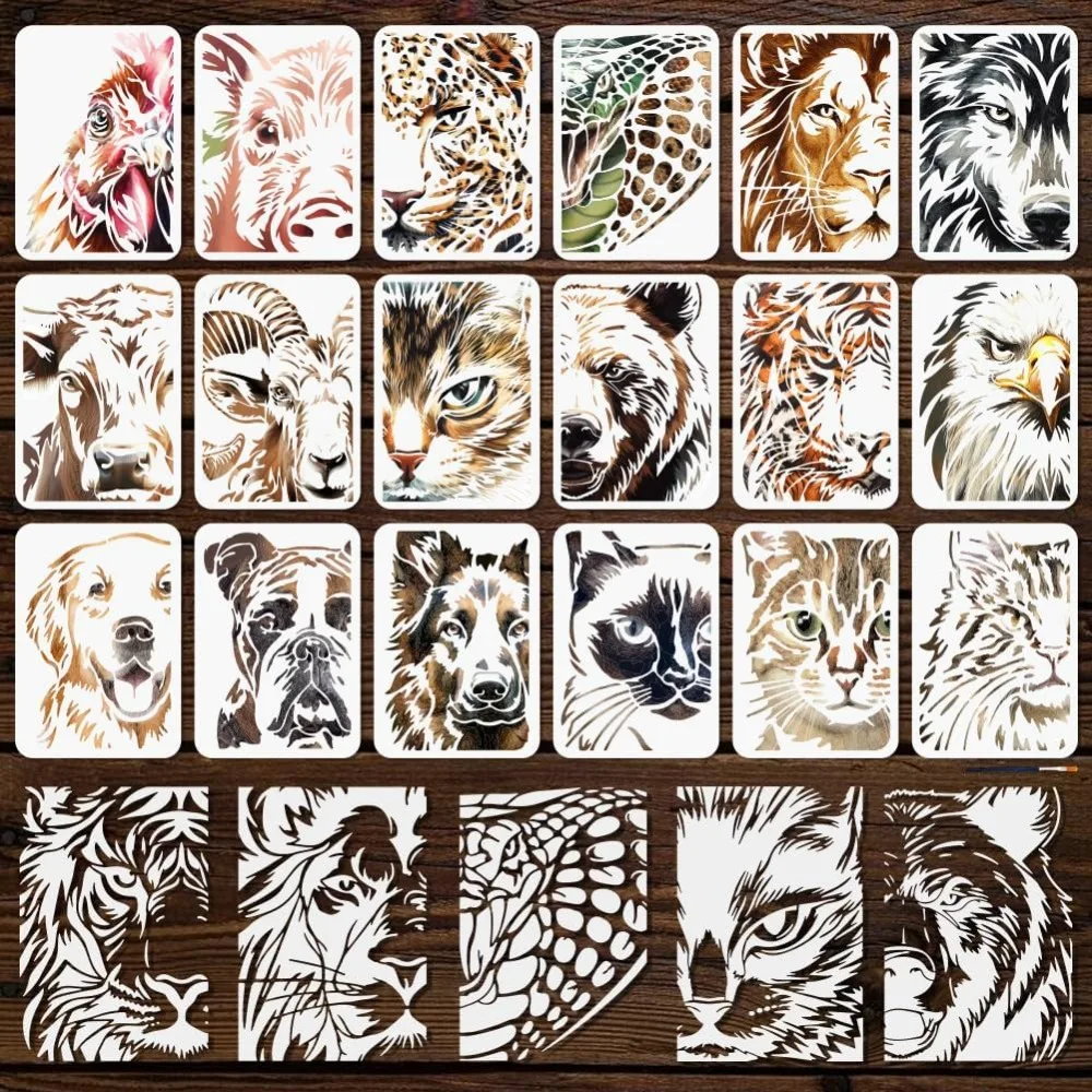 

18Pcs A4 Animal Face Stencils Tiger Lion Wolf Eagle Templates for Painting 11.7×8.3 Inch with Paint Brush Reusable Chicken Pig