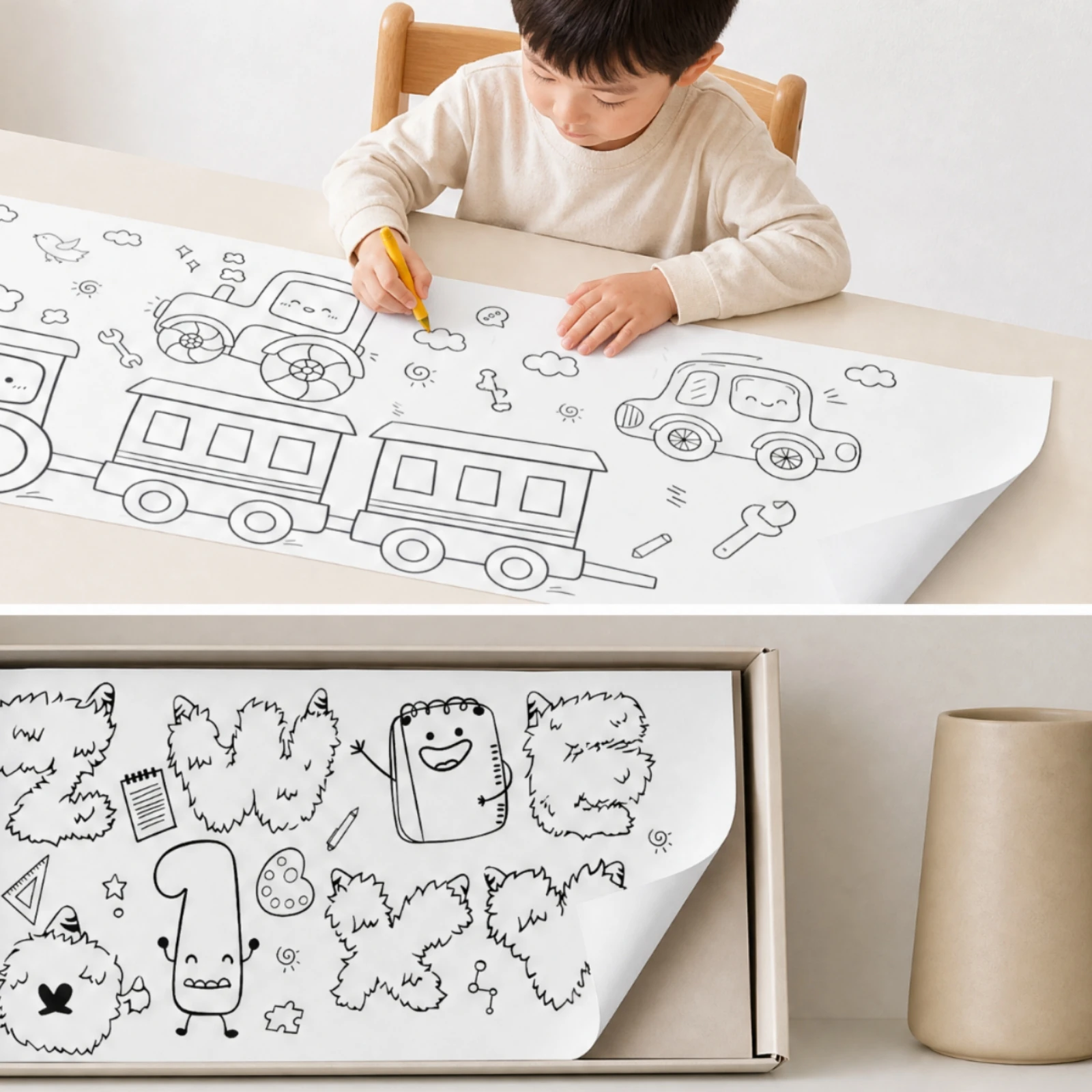 paper-coloring-roll-with-outline-illustrations-portable-children's-drawing-roll-large-coloring-sheet-educational-130-grams-per
