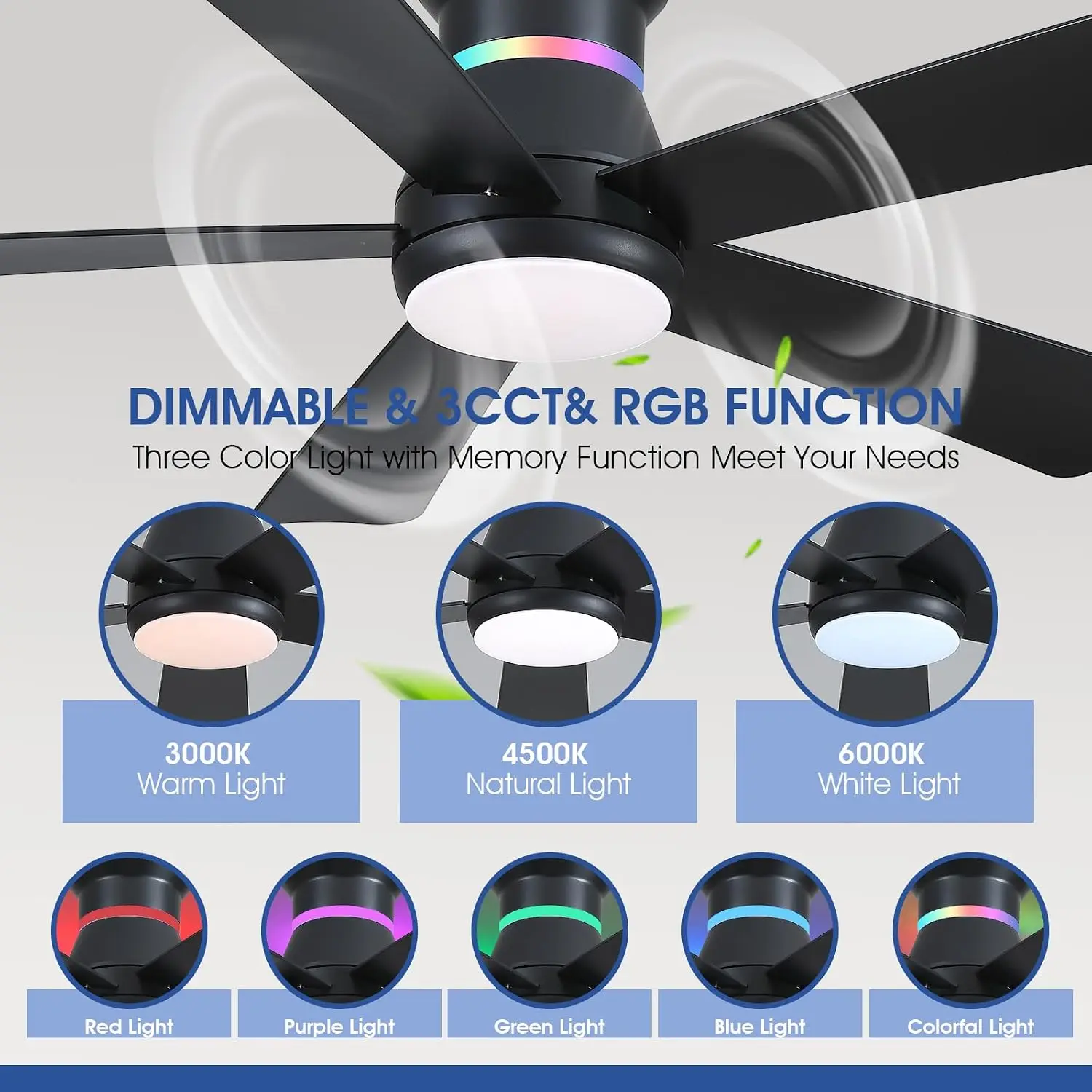 46" Black Ceiling Fan with RGB Lights - Flush Mount, Dimmable LED, Low Profile for Indoor & Covered Outdoor view 2