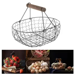 Iron Fruit Bowl Basket Countertop with Wood Handle Table Centerpiece Bread Vegetable Holder for Wedding Party Outdoor Holiday