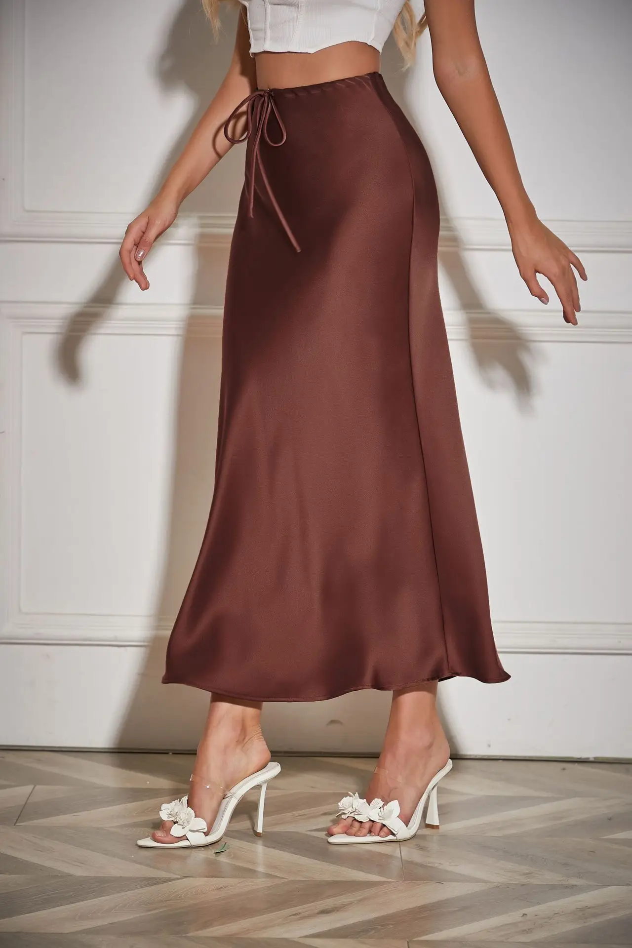 New In 2026 Women's Spring Summer Solid Color Satin Long Skirt High Waist Lace-up Trendy Elegant Faldas Female Beach Maxi Skirts