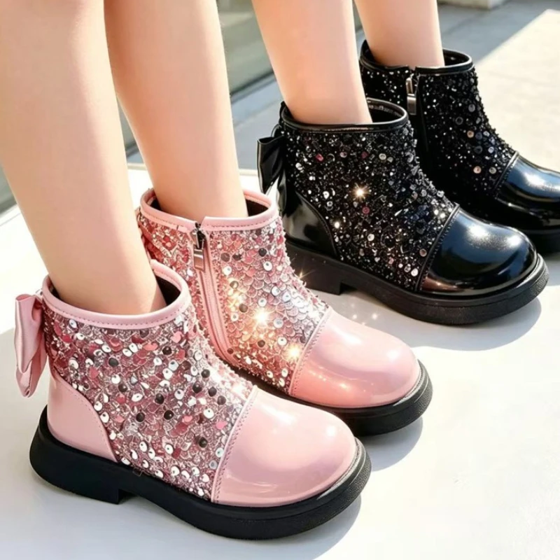 Girls Winter Boots 2026 new Light Luxury Child Princess Sequined Boot Fashion and Stylish Beautiful Child Short Boots Girls Boot