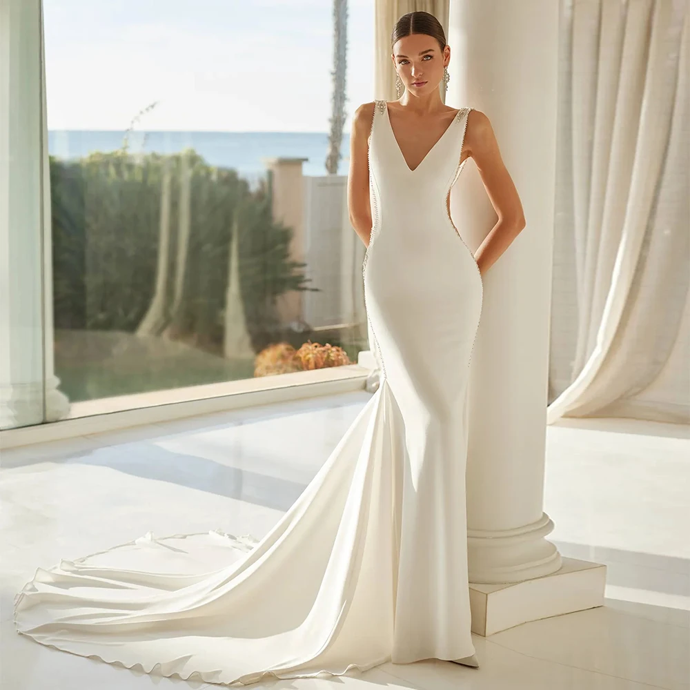 

Charming Sleeveless Mermaid Beading Wedding Dresses 2024 Court Train Jersey V-neck Floor Length Bridal Dress Robe de mariée