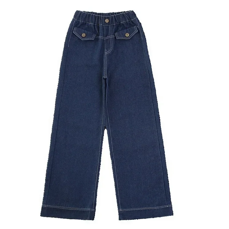 Calças jeans retas para crianças, jeans meninas, calças soltas, design de três botões, adolescentes, casual, escola, 12, 13, 14, Outono, 2024