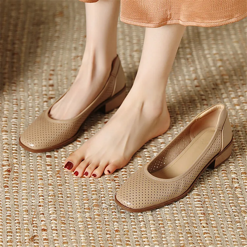 

2023 New Fashion Hollow Out Women Pumps Square Toe Summer Shoes Chunky Heels Genuine Leather Shoes for Women Handmade Loafers