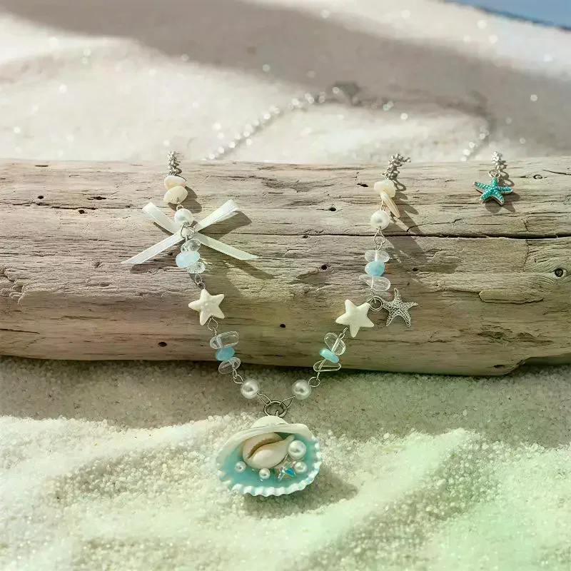 Ocean Themed Pearl Necklace with Starfish Shell Pendant Lightweight Comfortable Jewelry for Women Beach Travel Wear