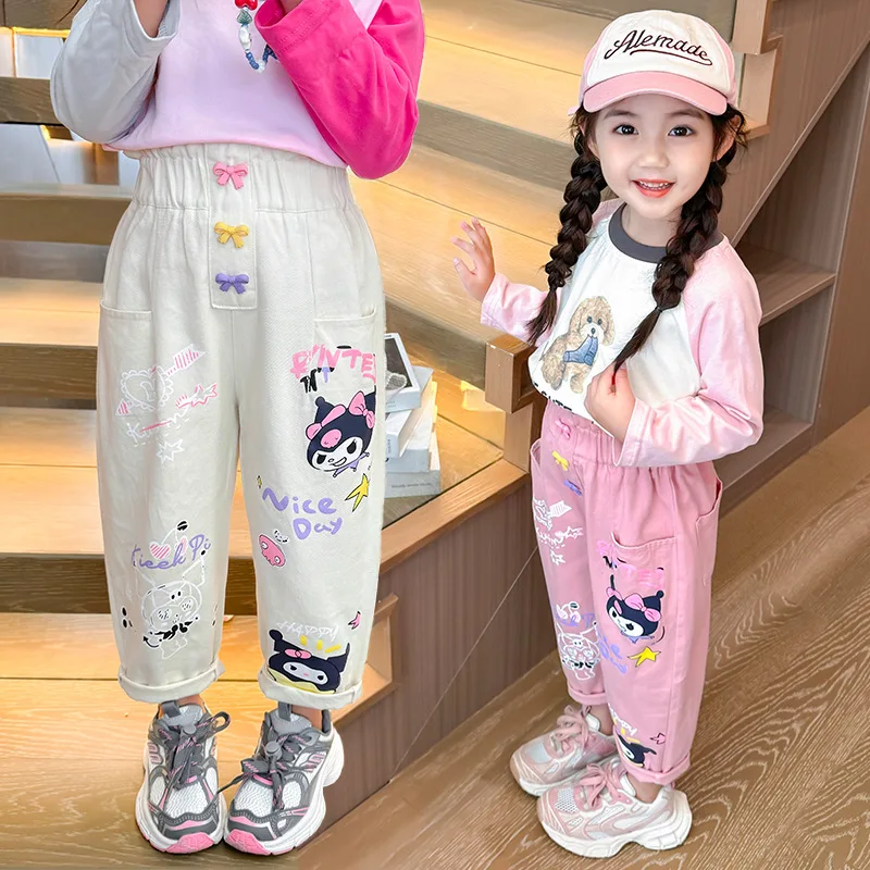 

Kuromi Kawaii Girl Jeans Pants Four Seasons Dopamine Kids Anime Cartoon Printing Fashion Straight Elastic Waist Casual Jeans