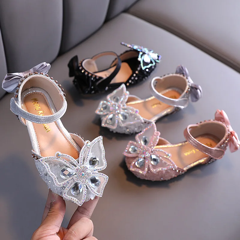 Girls Leather Shoes Fashion Bright Rhinestone Bow Princess Shoes Children Girls Infant Sandals