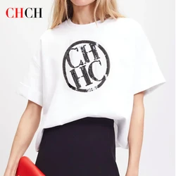 Chch-女性のための豪華な綿のラウンドネックTシャツ,クラシックな半袖トップ,高品質,ファッショナブル,2024