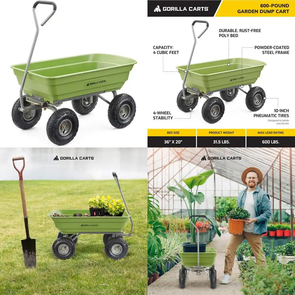 

Heavy-Duty Poly Garden Dump Cart, 4 Cubic Feet Tub, 600-Pound Capacity, Quick-Release Utility Wagon for Outdoor Hauling
