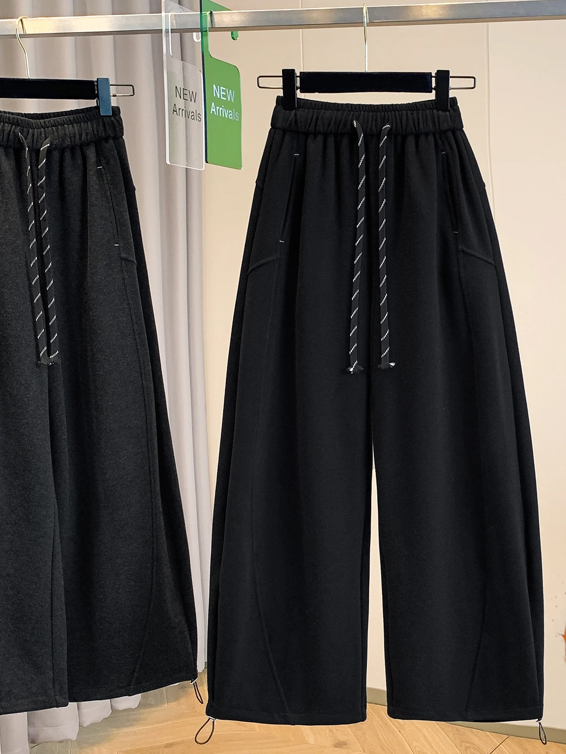 Spodnie z wysokim stanem, ocieplane, wełniane, z szerokimi nogawkami, codzienne, damskie, plus size, z ozdobnymi przeszyciami, jesienno-zimowe...