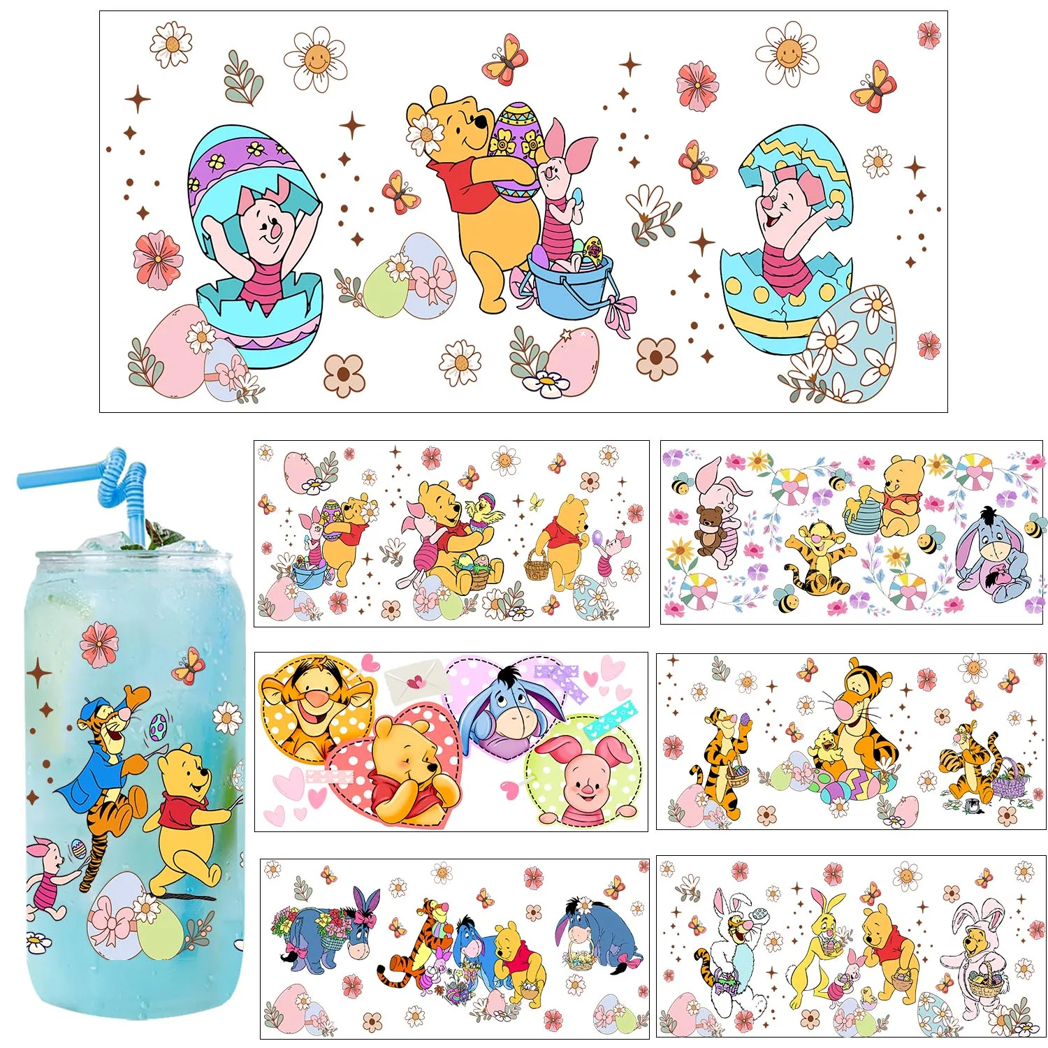 

Cartoon Honey Pooh family easy peel waterproof Party DIY Decals 3D transfers uvdtf tumbler seal stickers 16oz uv dtf cup wraps
