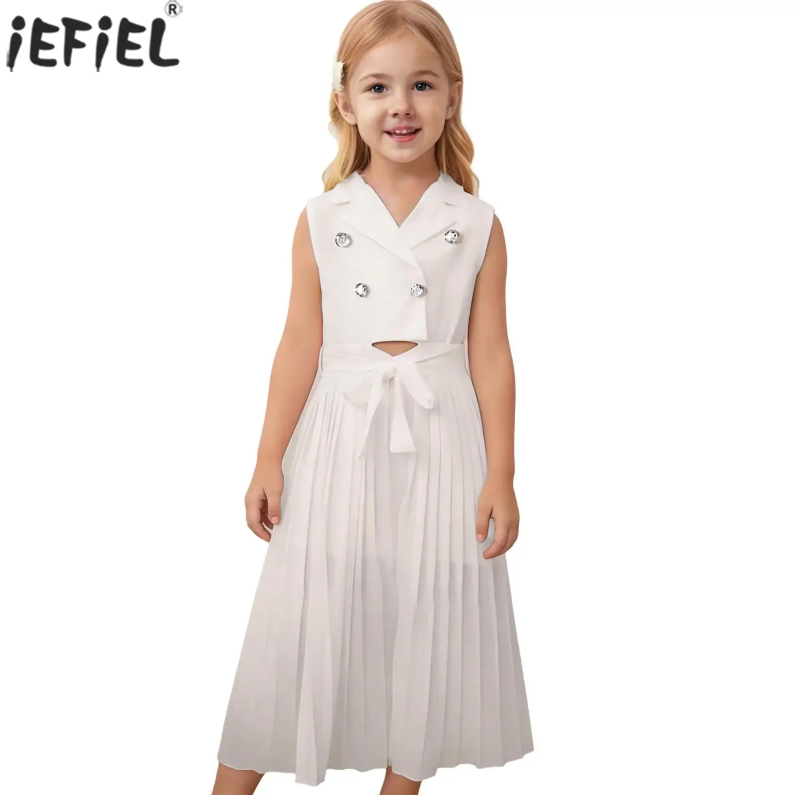 

Kids Girls Elegant Suit Dress Lapel Sleeveless Crop Top Vest with Belted Pleated Skirt for Birthday Party Wedding Pageant Outfit